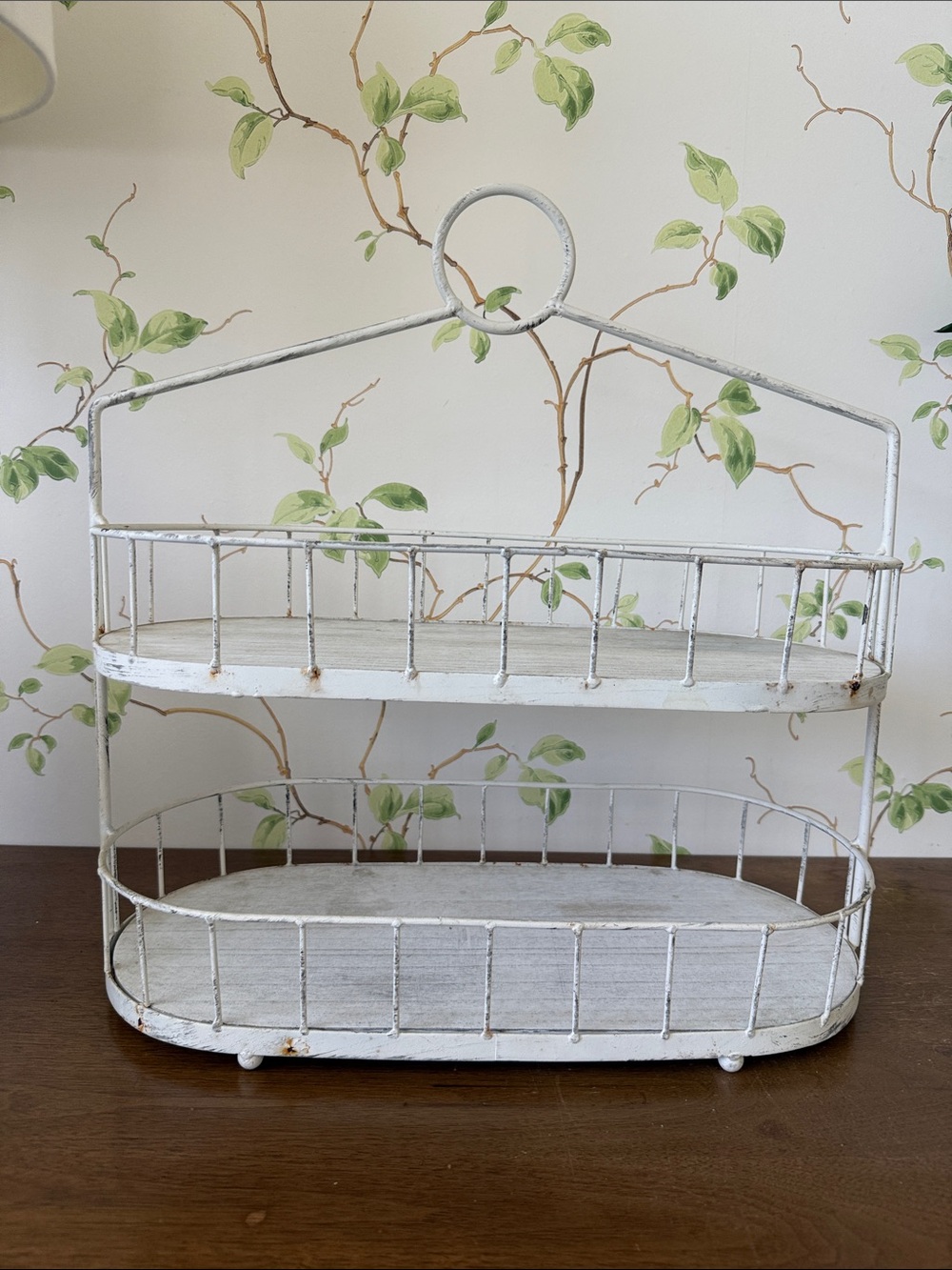 Two-Tier Distressed White Wood and Metal Tray with Handle
